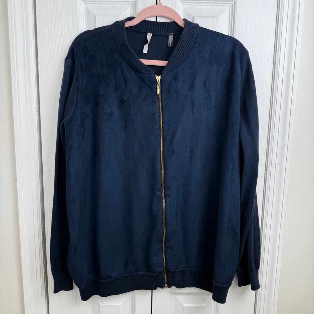 Anthology Navy Blue Faux Suede‎ Bomber Jacket Sweater Full Zip Ribbed Trim Sz